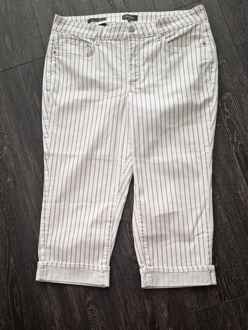 NYDJ White Crop Chinos with Gray Pinstripes